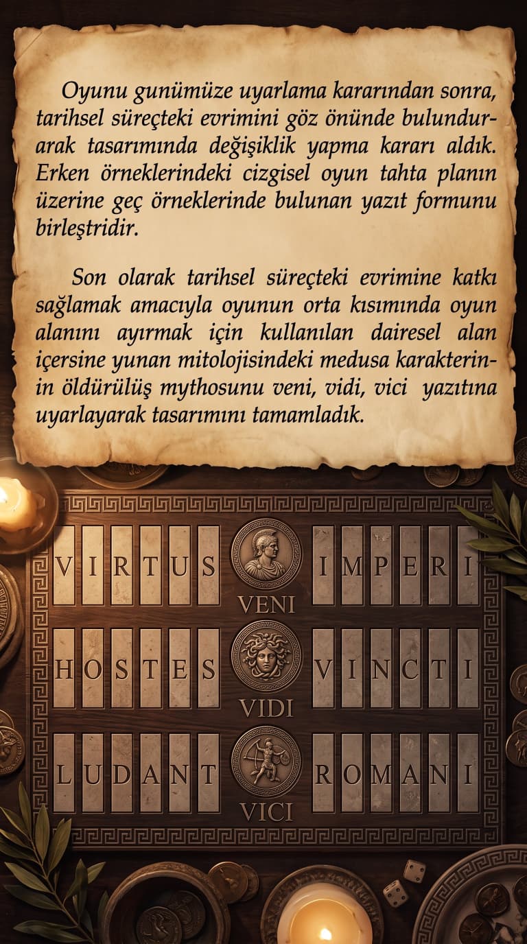 Ludus Duodecim Scriptorum tahta tasarımı - altın renkli oyun alanları